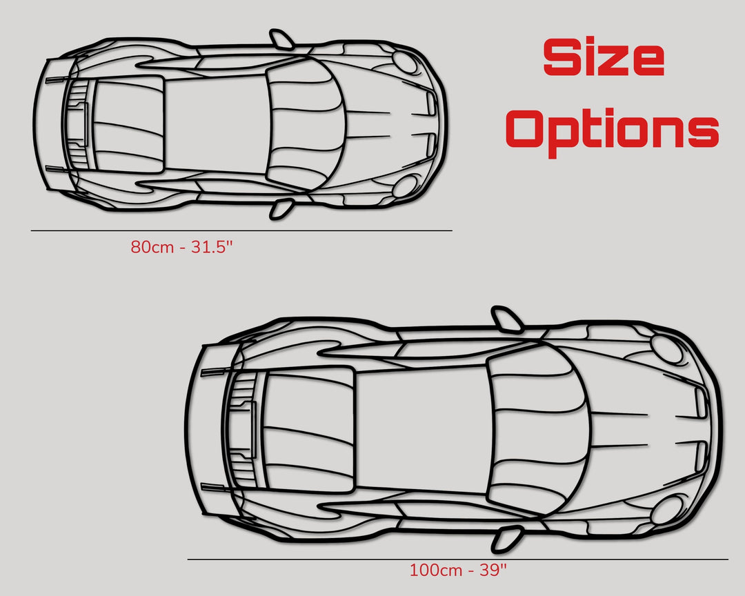 911 GT3 RS (992) Top Angle, Detailed Silhouette Metal Wall Art