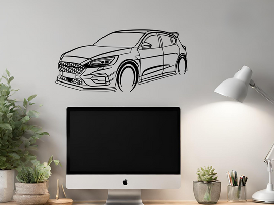 Focus ST MK4 Modified Front Angle, Detailed angle Silhouette Metal Wall Art