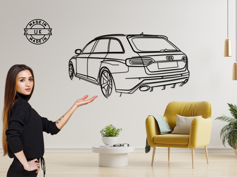 RS4 B8 Avant Rear Angle, Detailed Silhouette Metal Wall Art