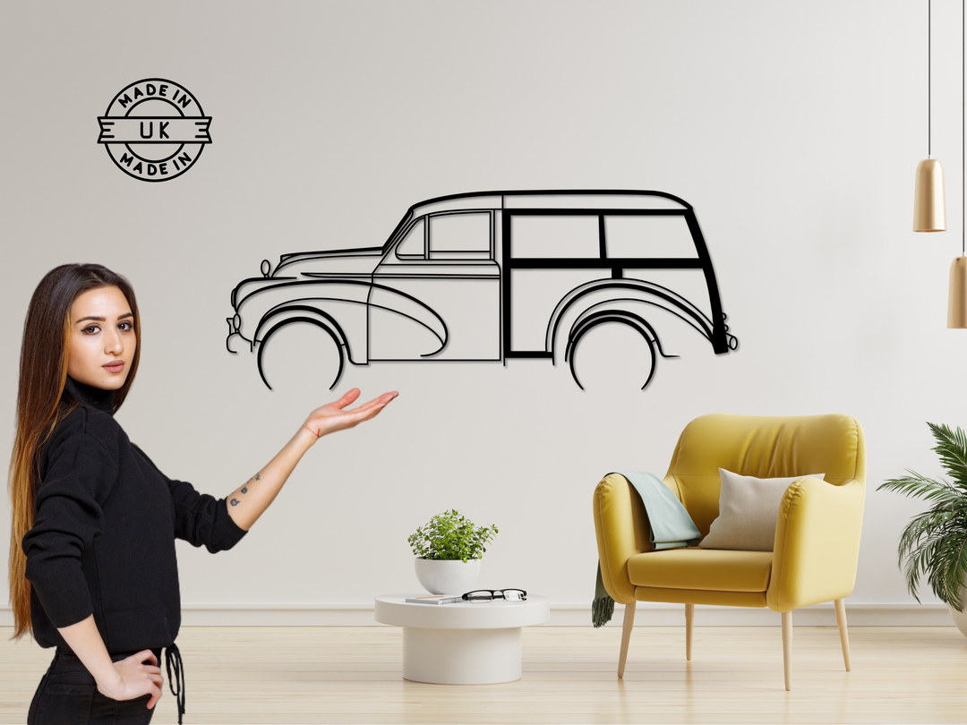 Morris Minor Traveler, Detailed Silhouette Metal Wall Art